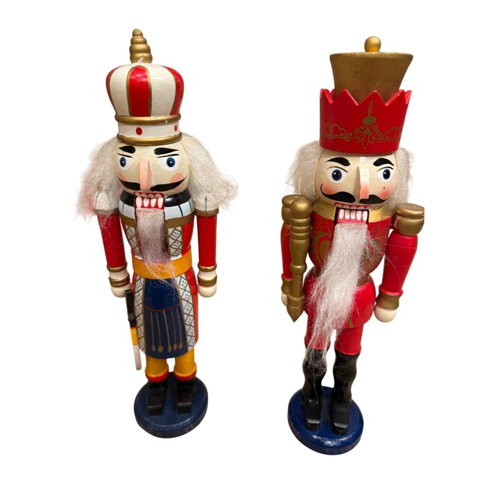 Set Of 2 Hand-Painted Wooden Nutcracker King & Soldier Figurines